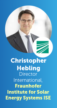 Portrait of Christopher Hebling, Director of International at Fraunhofer Institute for Solar Energy Systems ISE, a man in a suit and tie, smiling, set against a blue gradient background with the institute's logo.