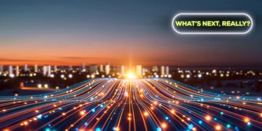 Futuristic data streams flowing toward a city skyline symbolising next-gen digital infrastructure and connectivity.