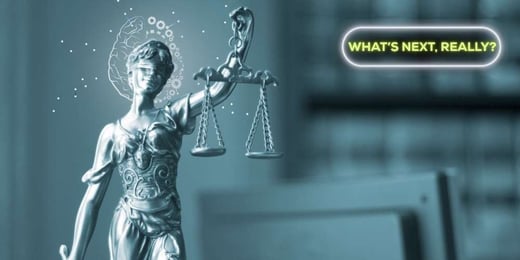 Lady Justice statue with digital elements symbolising AI regulation, ethics and the future of tech governance.