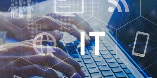 Hands typing on a laptop with IT and digital technology icons overlay, representing information technology and digital transformation.