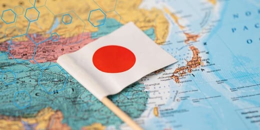Japanese flag on a map of Asia, representing Japan’s role in global technology and geopolitics